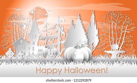 Happy Halloween Background with scary pumpkins on cemetery, Paper cut Layer  vector