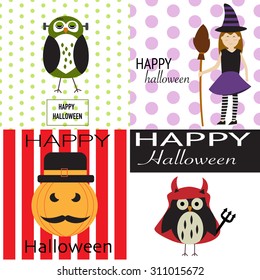 Happy Halloween background with scary pumpkins,spooky owl,devil owl and the witch vector. illustration EPS10.
