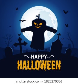 Happy halloween background with scary scarecrow silhouette
