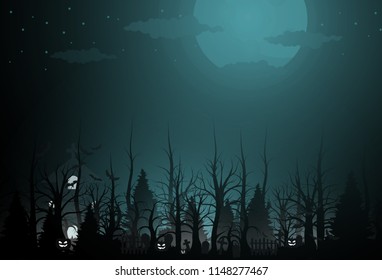 Happy Halloween background and scary tree pumpkin on graveyard full moon dark night and tombstone black bat. church on graveyard. Vector illumination