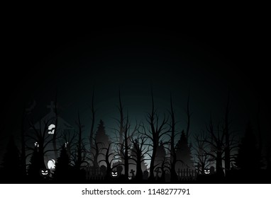 Happy Halloween background and scary tree pumpkin on graveyard dark night and tombstone black bat. church on graveyard. Vector illumination