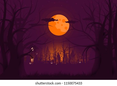 Happy Halloween background and scary tree pumpkin on graveyard full moon dark night and tombstone black bat. church on graveyard. Vector illumination