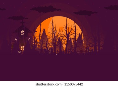 Happy Halloween background and scary tree pumpkin on graveyard full moon dark night and tombstone black bat. church on graveyard. Vector illumination