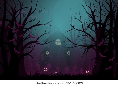 Happy Halloween background and scary tree pumpkin on graveyard full moon dark night and tombstone black bat. church on graveyard. Vector illumination