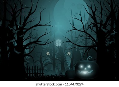 Happy Halloween background and scary tree pumpkin on graveyard full moon dark night and tombstone black bat. church on graveyard. Vector illumination