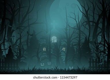 Happy Halloween background and scary tree pumpkin on graveyard full moon dark night and tombstone black bat. church on graveyard. Vector illumination