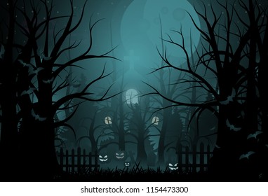 Happy Halloween background and scary tree pumpkin on graveyard full moon dark night and tombstone black bat. church on graveyard. Vector illumination