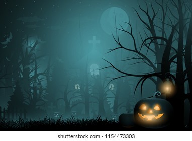 Happy Halloween background and scary tree pumpkin on graveyard full moon dark night and tombstone black bat. church on graveyard. Vector illumination