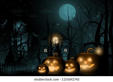 Happy Halloween background and scary tree pumpkin on graveyard full moon dark night and tombstone black bat. church on graveyard. Vector illumination