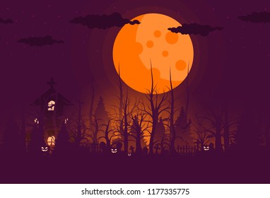 Happy Halloween background and scary tree pumpkin on graveyard full moon dark night and tombstone black bat. church on graveyard. Vector illumination