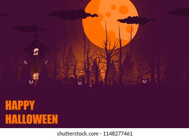Happy Halloween background and scary trees, pumpkin on graveyard full moon dark night and tombstone black bat. church on graveyard. Vector illumination