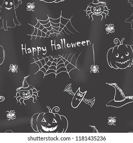 Happy Halloween background. Seamless pattern. Chalk drawings on the blackboard background. Vector illustration