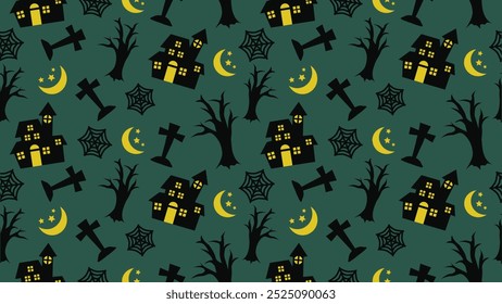 Happy Halloween background, happy halloween seamless pattern, halloween wallpaper with creepy house, spider web, sacred tree and creepy graveyard 