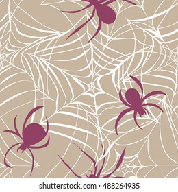 Happy Halloween background. Seamless pattern with traditional holiday symbols skulls, spider on web. Vector illustrations.