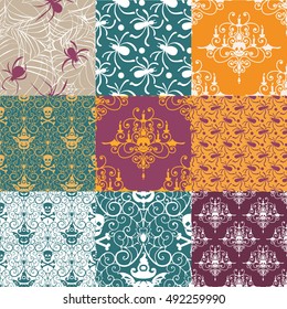 Happy Halloween background. Halloween Set of seamless patterns with traditional Halloween holiday symbols skulls, spider on web. Halloween Collection vector illustrations.
