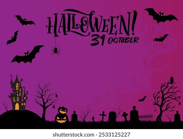 Feliz fondo de Halloween en tonos de púrpura y rosa. Ilustración vectorial con arañas, murciélagos voladores y calabazas. 