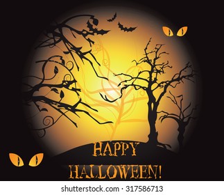 Happy Halloween background. Silhouette of Trees and bats. Vector
