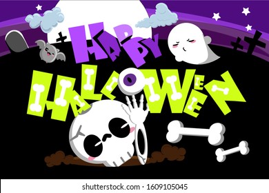 Happy Halloween background with skeleton, ghost and bat vector illustration