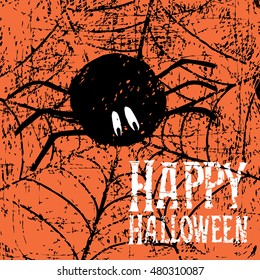 Happy Halloween background with spider and calligraphy inscription. Vector illustration. Hipster brush made texture.