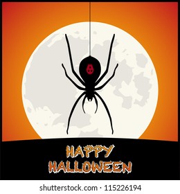 Happy Halloween Background with Spider, Full Moon on Orange Background. Vector