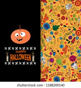 Happy Halloween background with spiderweb and text.