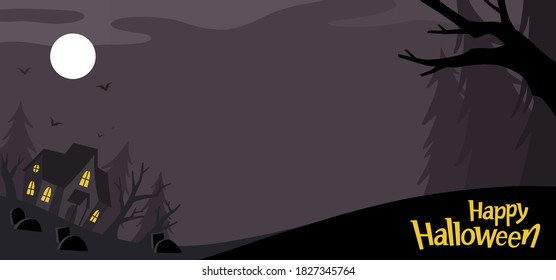 Happy Halloween Background. Spooky forest with Dark house and Moon. Template for advertising brochure.