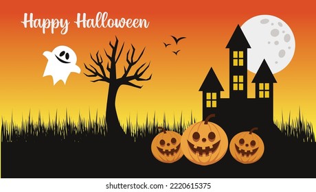 Happy Halloween Background spooky ghost, scary pumpkin and castle