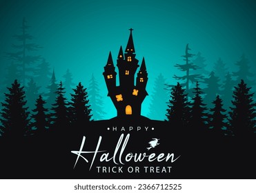 Happy halloween background with spooky scary palm tree forest at night and Scary castle