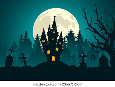 Happy halloween background with spooky scary forest at night tombstone and Scary castle