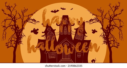 Happy Halloween Background with spooky silhouettes of ghosts, bats, cats and trees. Perfect for wearing Halloween events.