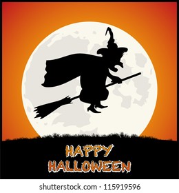 Happy Halloween Background with Spooky Witch on Orange background. Vector