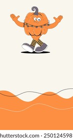 Happy Halloween background for stories templates. Social media frame with groovy character pumpkin. Vector flat illustration
