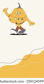 Happy Halloween background for stories templates. Social media frame with groovy character pumpkin. Vector flat illustration