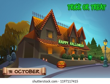 Happy Halloween background - street house with lights. Vector illustration with text.