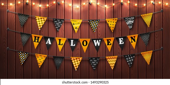 Happy Halloween background with string light and Halloween buntings on wood background.Website spooky or banner template.Vector illustration EPS10