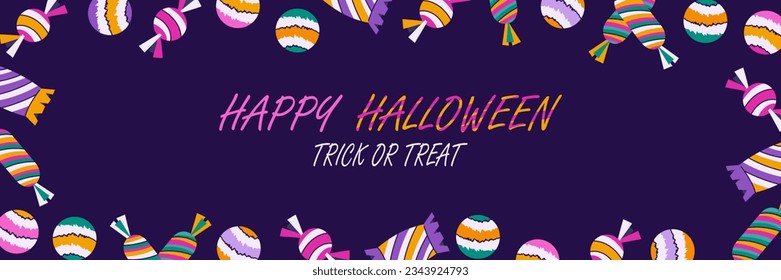 Happy Halloween background with striped candies and copy space. Trick or treat concept. Poster, banner template. Flat cartoon vector illustration isolated on violet backdrop