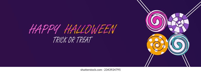 Happy Halloween background with striped lollipops and copy space. Trick or treat, twisted hard sugar candies isolated on violet background. Poster, banner template. Vector illustration