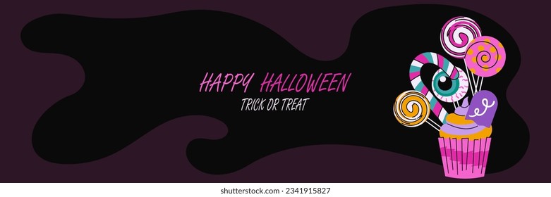 Happy Halloween background with sweets and copy space. Cupcake with striped lollipops, eyeball, candy cane. Trick or treat concept. Invitation flyer, banner template. Vector illustration
