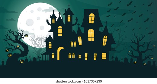 Happy Halloween Background Template with castle in the Darkness with pumpkin Under Full Moon - Vector Illustration