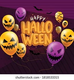 Fröhliche Halloween-Hintergrundvorlage im Dunkeln mit den Symbolen der Teufelskreis-Gesichtsballons