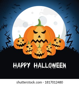 Happy Halloween Background Template in the Darkness with pumpkin Under Full Moon - Vector Illustration