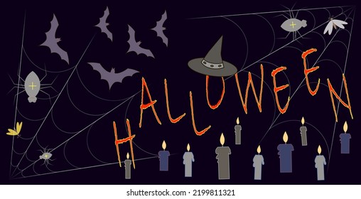 Happy Halloween Background Template in the Darkness with   spiders creepy,  cobweb, horror bats, witch hat and burning candles 