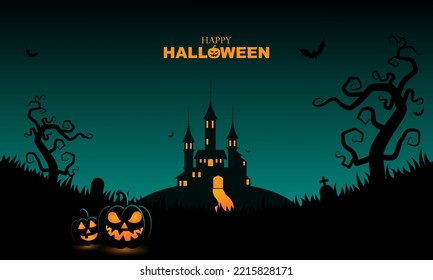 Happy Halloween background template with group of Jack O Lantern pumpkin and Halloween castle, bat, tree elements on green gradinet background. Website spooky, copy space, background or banner.