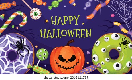 Happy Halloween background template, holiday celebration banner design. trick or treat social media post with candy and sweets elements 