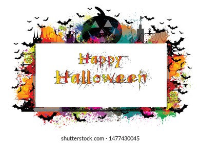 Happy halloween background and text design with paint splashes colorful. City celebration, Festival, Logo, Icon, Symbol, Silhouette. Vector illustration.