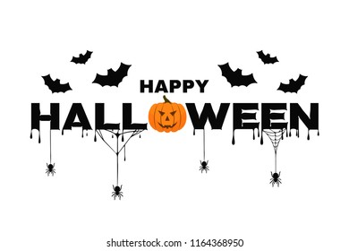 Happy Halloween background text with pumpkin, bats, spider web and blood. Halloween background for poster, banner, greeting card and party. Vector