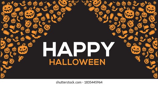 Happy Halloween background text with pumpkin, bats, coffin and tombstone. Halloween background for poster, banner stock illustration