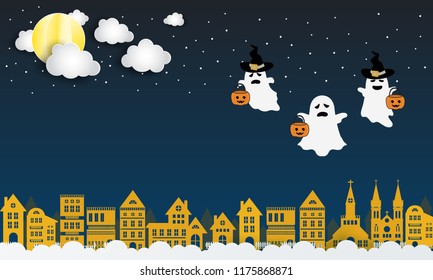 Happy Halloween background with three ghosts.