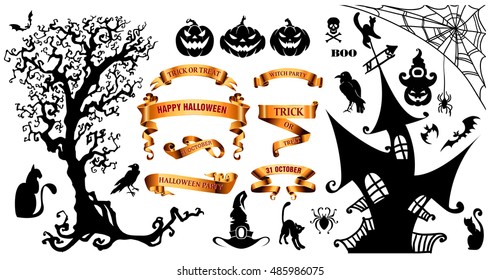 Happy Halloween background with traditional holiday symbols skulls, spider on web. Collection vector illustrations with scary pumpkins, house and tree.