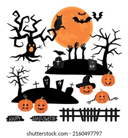 Happy Halloween background with trick or treat event decoration.Five halloween pumpkin,tree,graveyard,grave stone,flying bats,owl and crow on abstract background with big moon.Vector clipart icons.